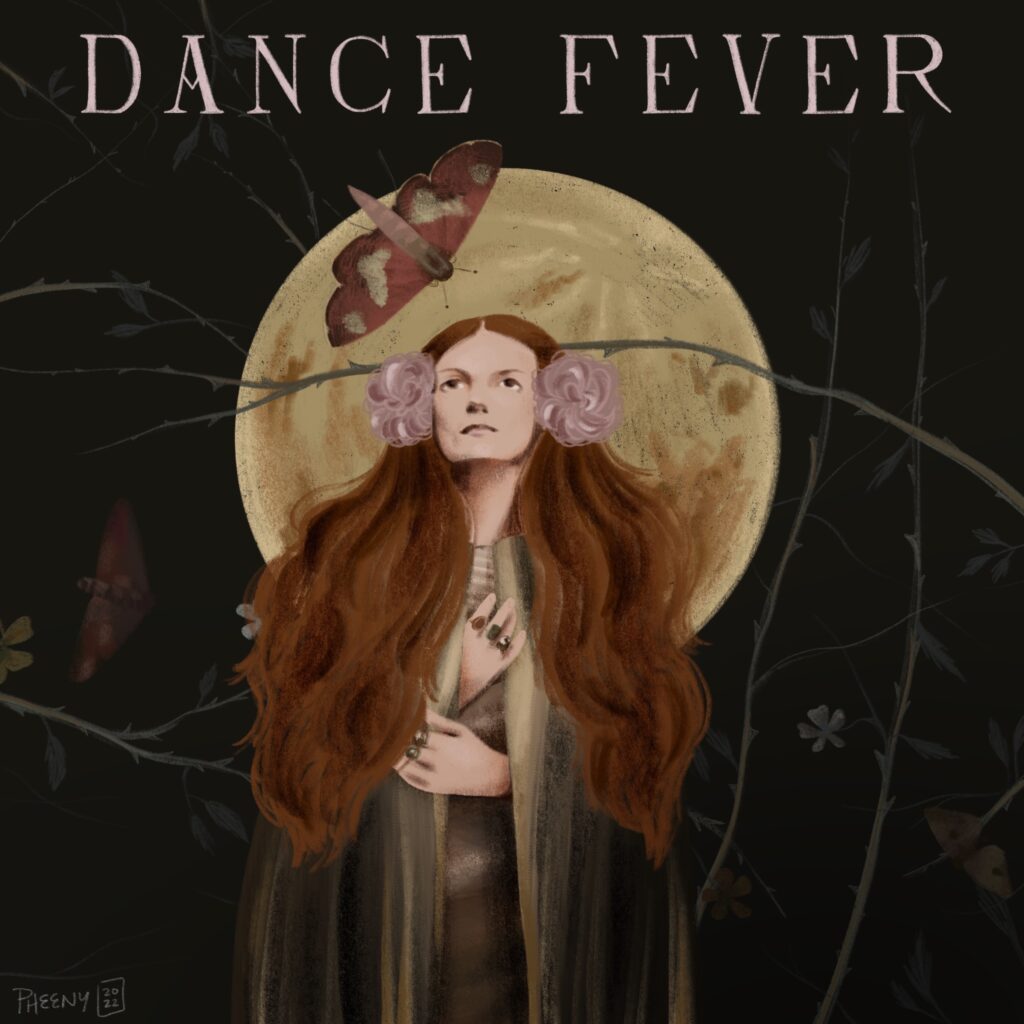 Illustration of dance fever album cover featuring a woman with long red-brown hair and flowers standing in a dark forest silhouetted by a moon. 2 fireflies fly around her under the text dance fever