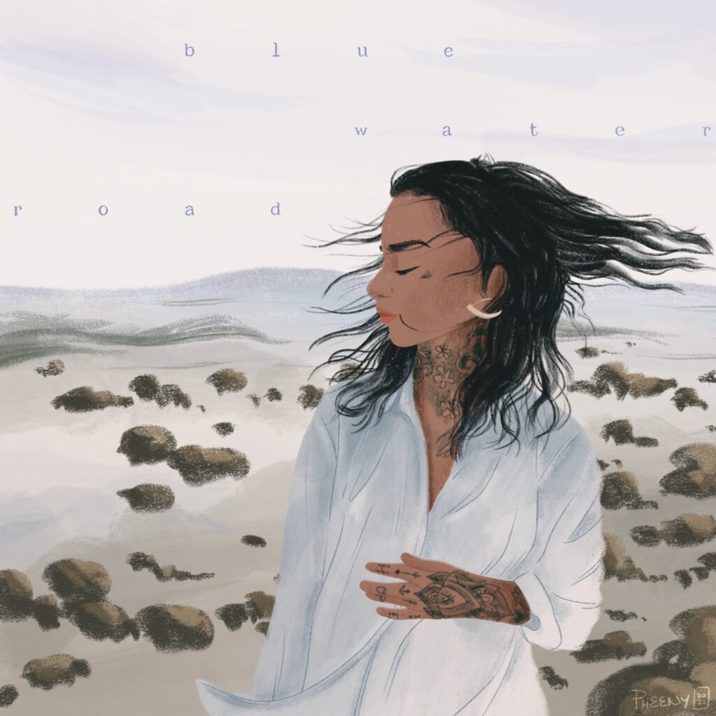 illustration of blue water road album cover, which features tattooed woman standing on a windy, rocky beach. Her head is turned to the side and her eyes are closed. Text reads blue water road