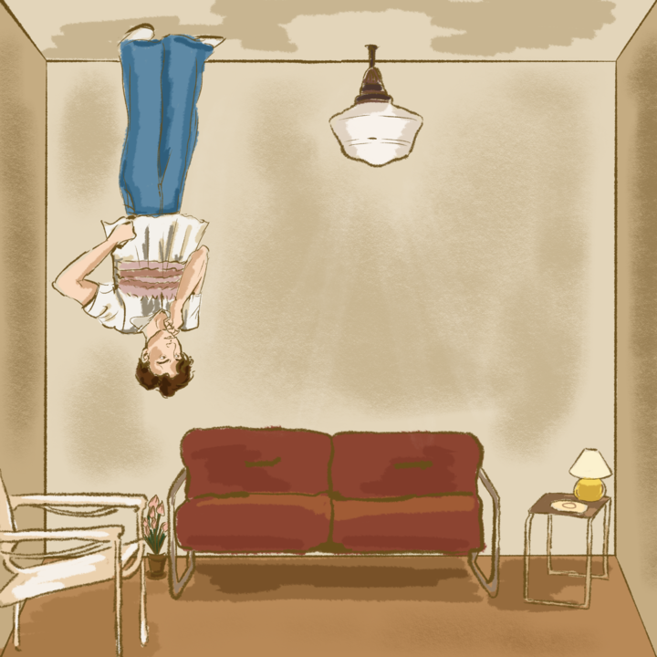 illustration of harry’s house album cover. Harry styles is dressed in blue flair jeans, a feminine top and white socks. He stands upside down with his feet on the ceiling in a living room, with his hand to his chin as though in thought