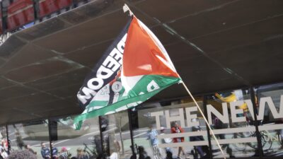 Palestinian Flag waved high in the air outside