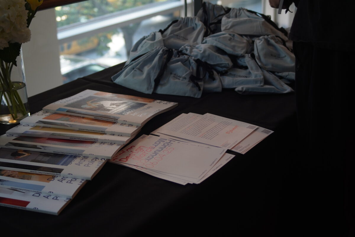 Zines, flyers, and blue gift bags spread on top of a table.