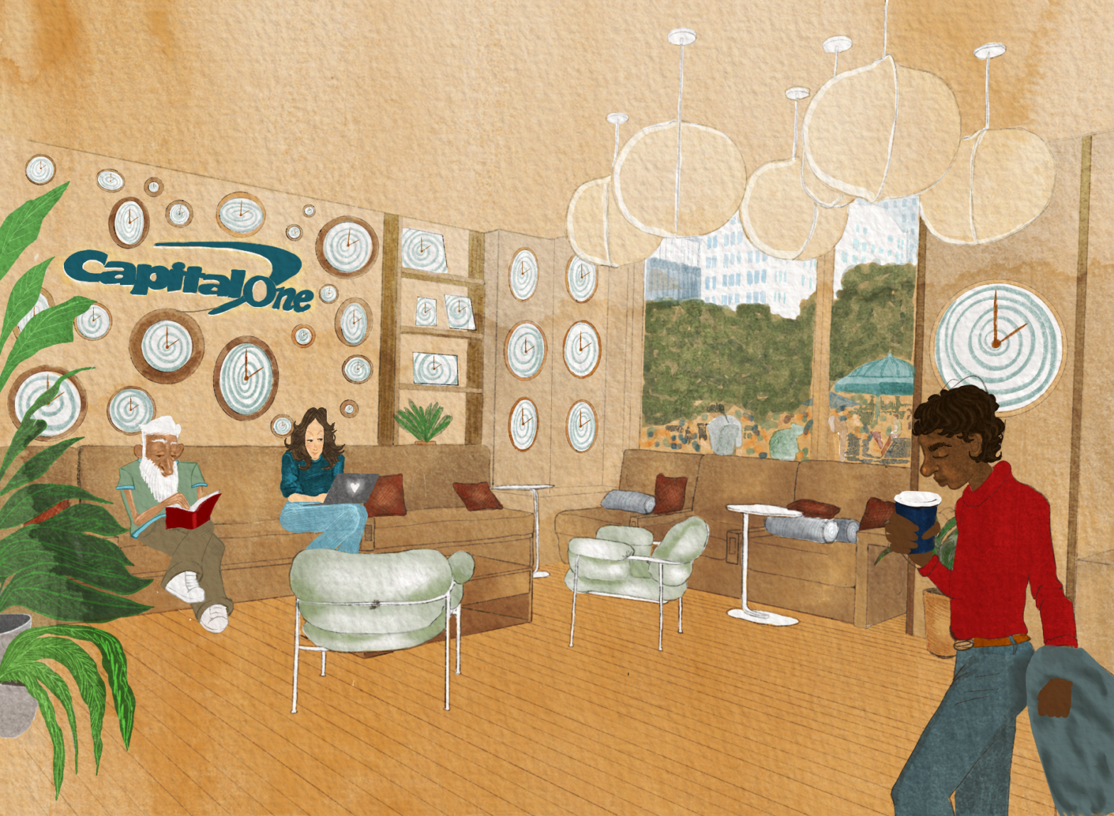 Illustrated living room-like interior of Capital One Café with several clocks on the wall and three people enjoying the space. Union Square Park can be seen from the window.