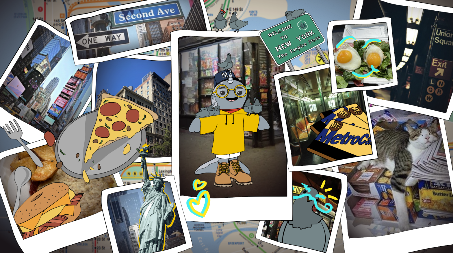 Polaroid picture of New School mascot, Gnarls, wearing a Yankees hat, a yellow hoodie, and a pair of Timberlands while a flock of pigeons rests on their shoulders. Other Polaroid pictures surround Gnarls with images of popular New York monuments and collectibles.