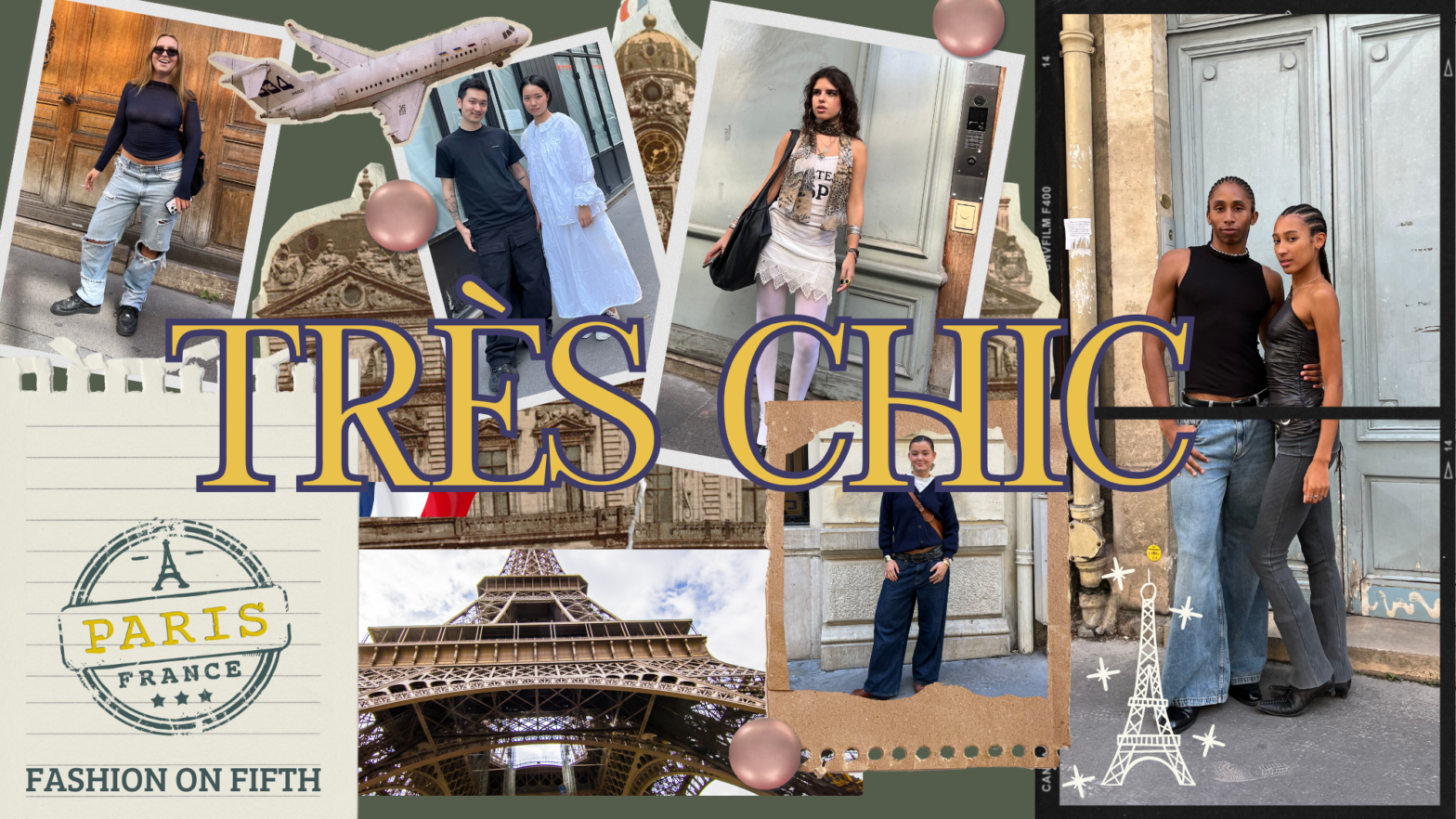 Scrapbook-style collage with five student photos and Paris-themed cutouts. A green Paris stamp and “Fashion on Fifth” is in the bottom left corner.