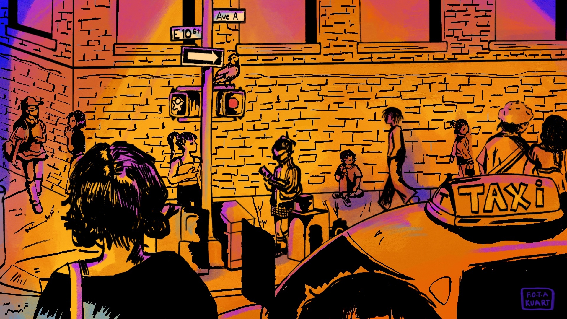 Illustration of 10th Street and Avenue A street corner. In the scene there are young adults walking all over, a large brick wall behind them, and a taxi in view.