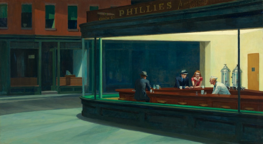 Late night scene inside “Phillies” diner on a street corner. Inside is one man with his back turned to the viewer, a man and a woman seated close together, and a bartender.