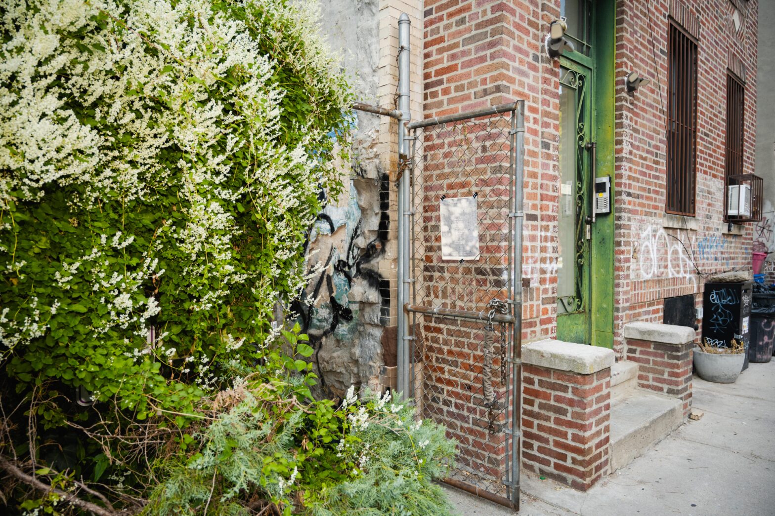 Greenery surrounding a metal gate, with a metal door open, and a poster on the door. A red brick building is right next to the door.