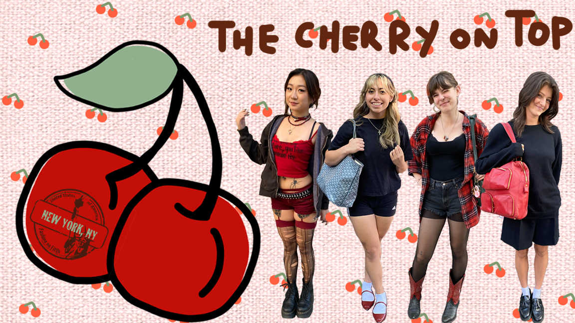 Textured pink background with brown text spelling, “The Cherry on Top. On the left is a large cherry with a New York stamp on it. To the right are cutouts of four TNS students in various outfits.