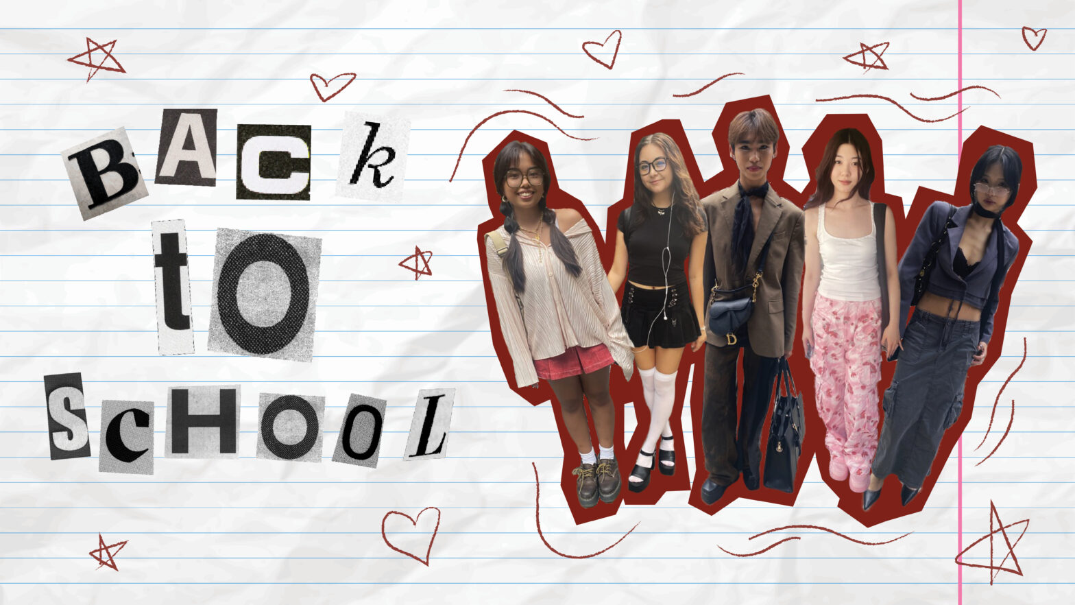 Notebook paper with cutout letters spelling “Back to School.” To the left are cutouts of five TNS students in various outfits, all within a red outline.