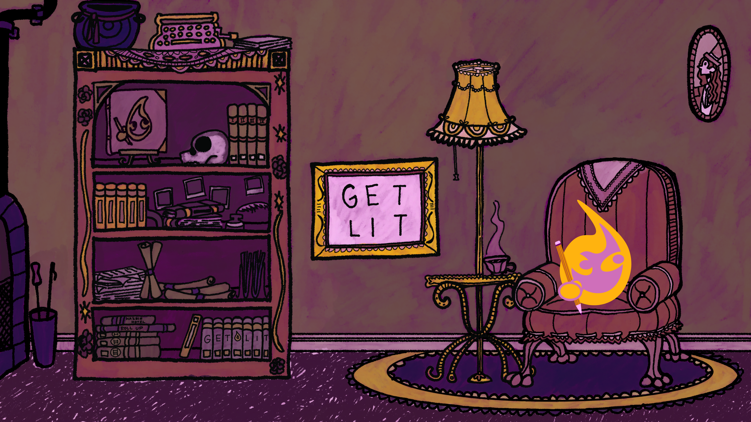 A yellow and pink cartoon spark that’s holding a pencil sits in an armchair within an old-timey living room complete with a tall lamp, hanging pictures, and shelves full of knick knacks. A picture on the wall reads “GetLit.”