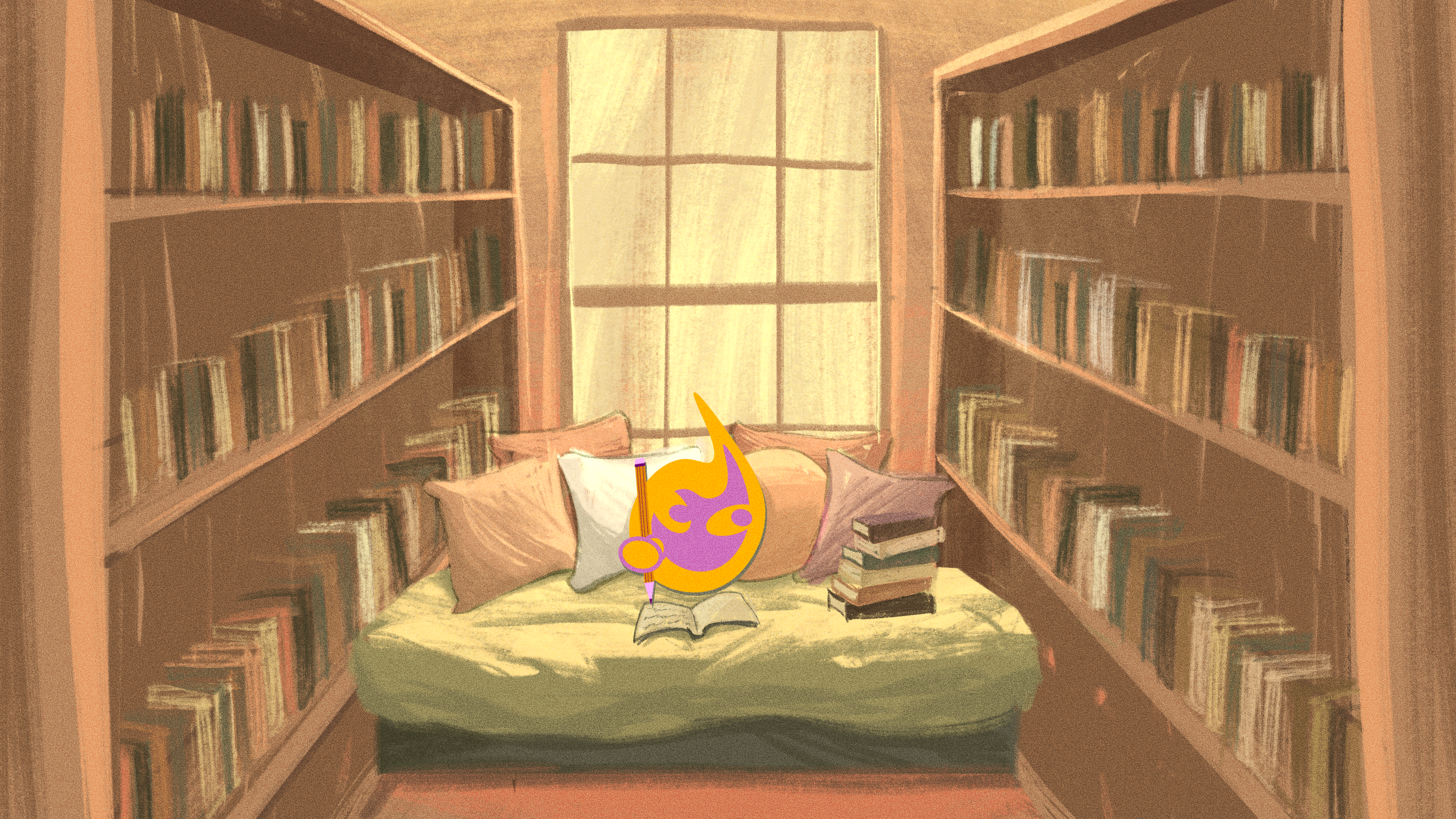 Pink and yellow GetLit spark logo sits in a cozy reading nook. Yellow light comes through a window.