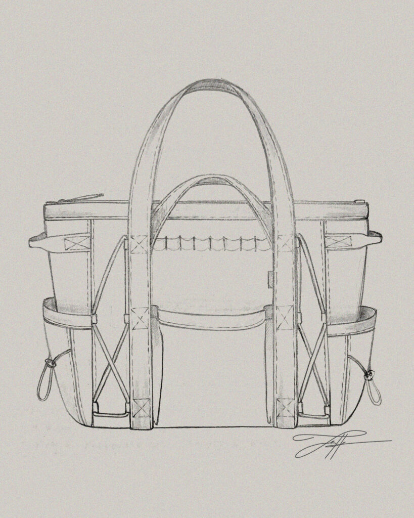 Pencil sketch of the Utility Tote on a sketchbook paper by Flora Hu.          