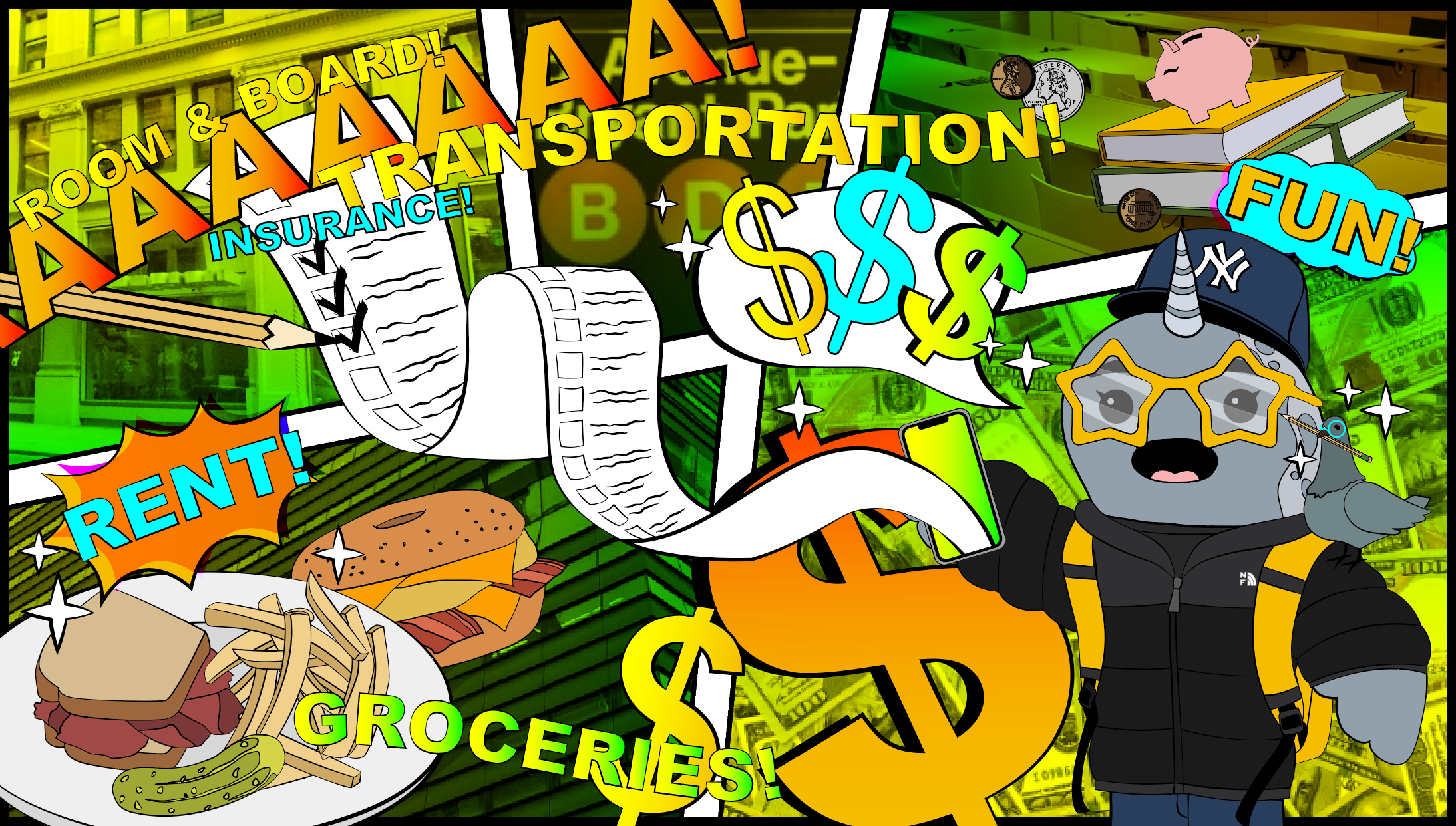 Gnarls wearing star frames and a Yankee hat with a backpack and North face. He has a shocked face while huge images of dollar signs surround him along with big lettering on different expenses such as rent, groceries, and transportation.