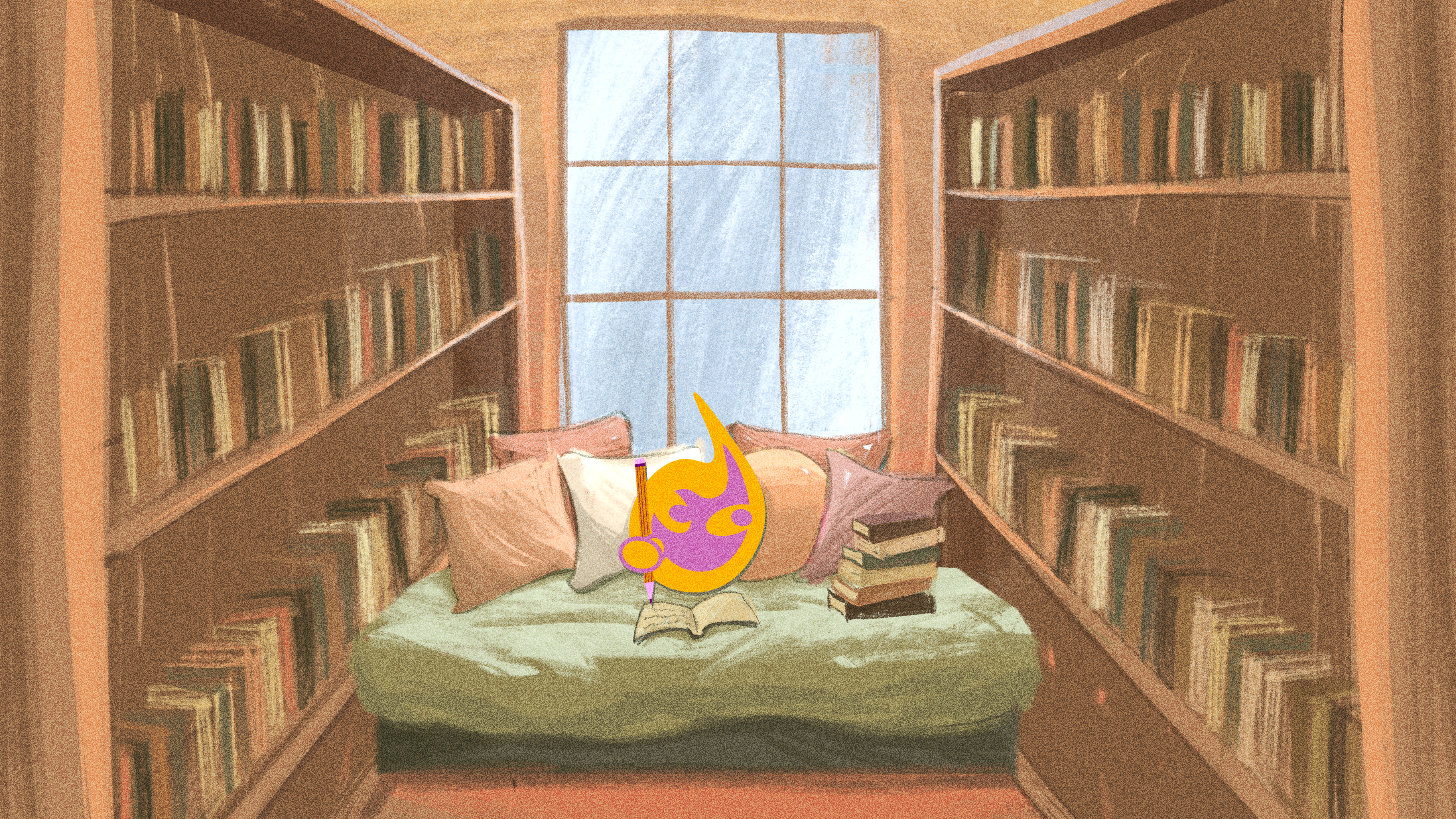 Pink and yellow GetLit spark logo sits in a cozy reading nook. Blue light comes through a window.