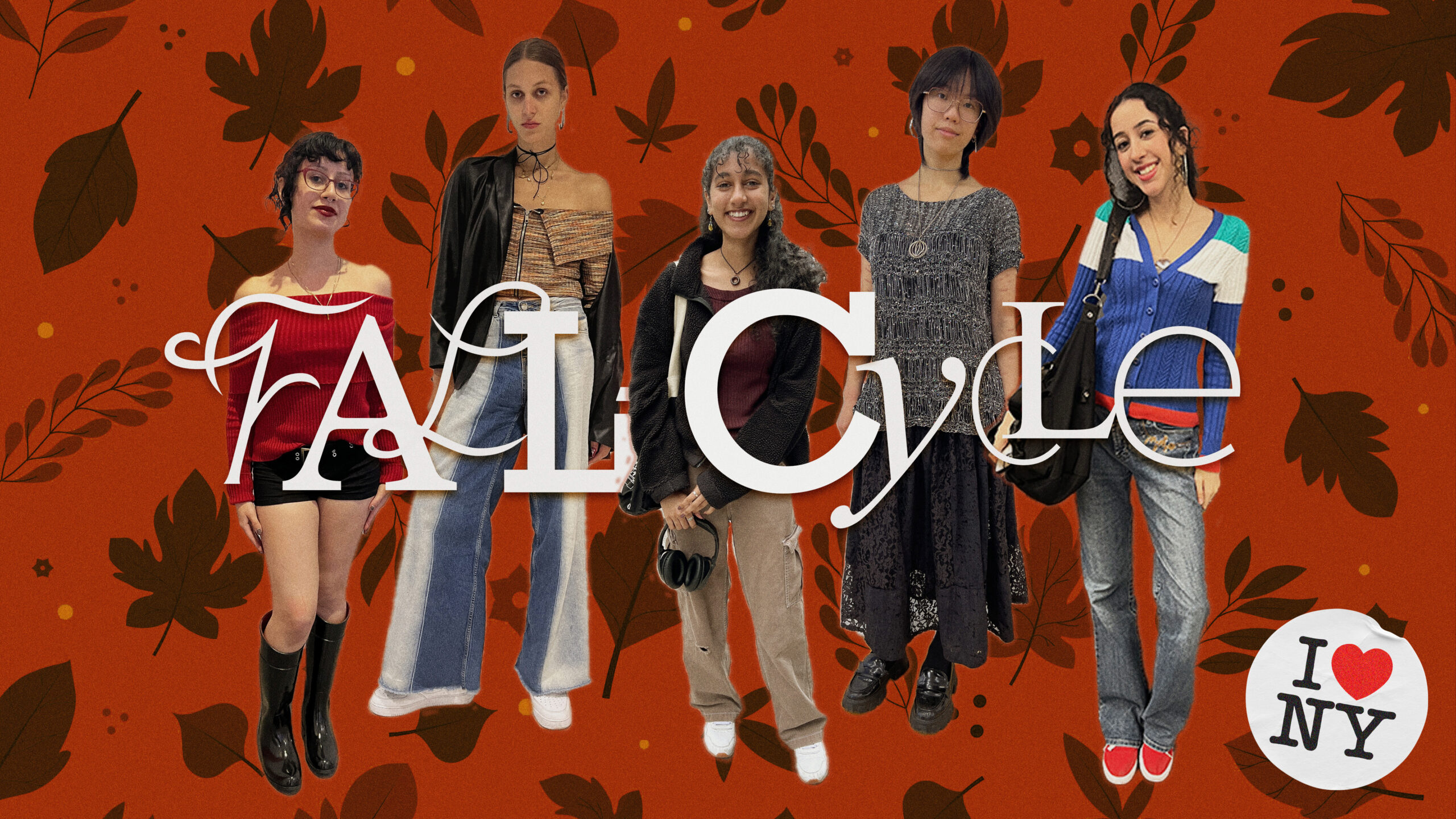 Brick red background with different shapes of leaves and orange polka-dot accents. Students blend behind the title which reads in a variety of fonts, “Fall-Cycle.”