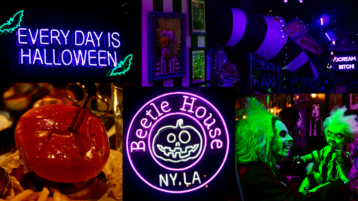 A 5-photo collage with a neon sign in the middle that reads “Beetle House NY.LA.” “Every Day is Halloween” and a bar with blue neon lights can be seen on the top right.