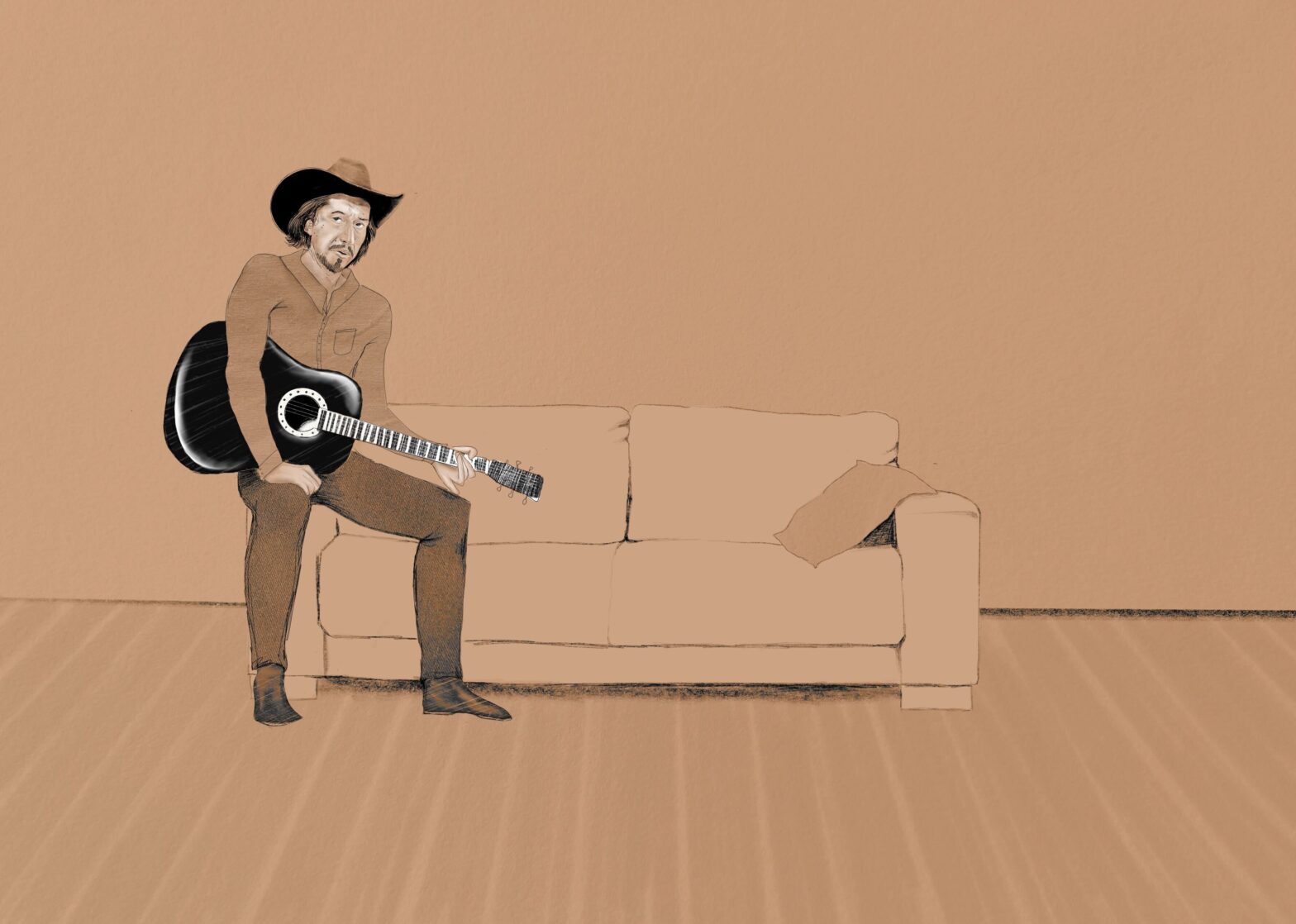 Illustration of Adam Driver dressed as a cowboy holding a guitar, sitting on a couch.