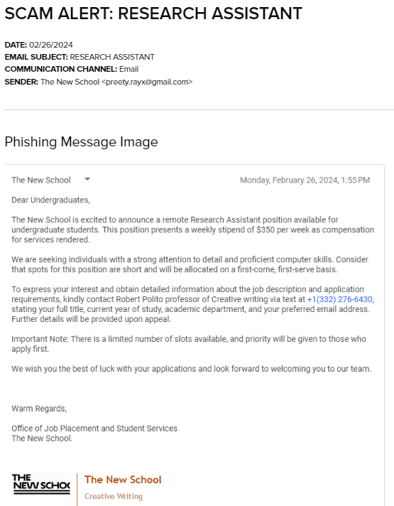 Scam email offering a Research Assistant position and posing as The New School's Office of Job Placement and Student Services, and detailing how to obtain it. Photo courtesy of Clinton Mixon.