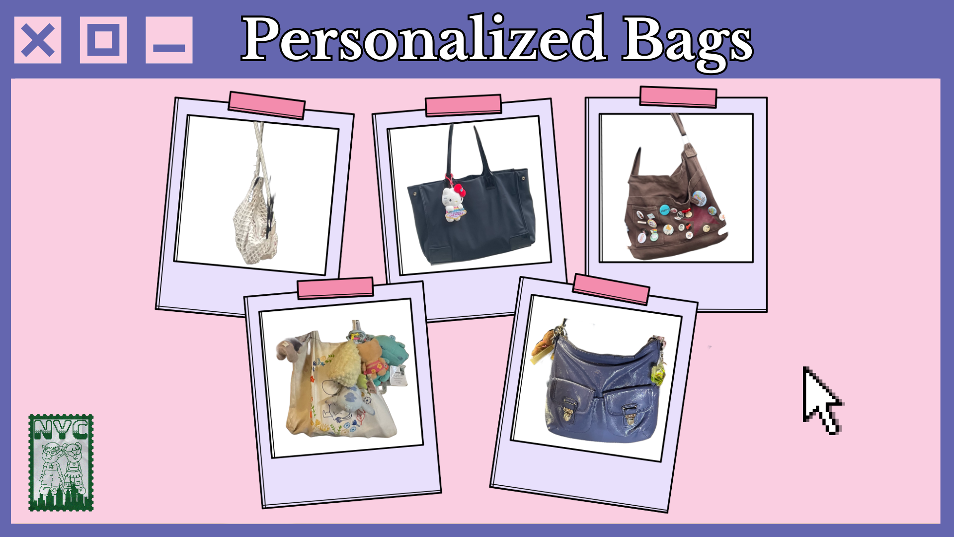 Photo collage of five bags with different keychains and pins displayed on a purple computer background titled, “Personalized Bags."