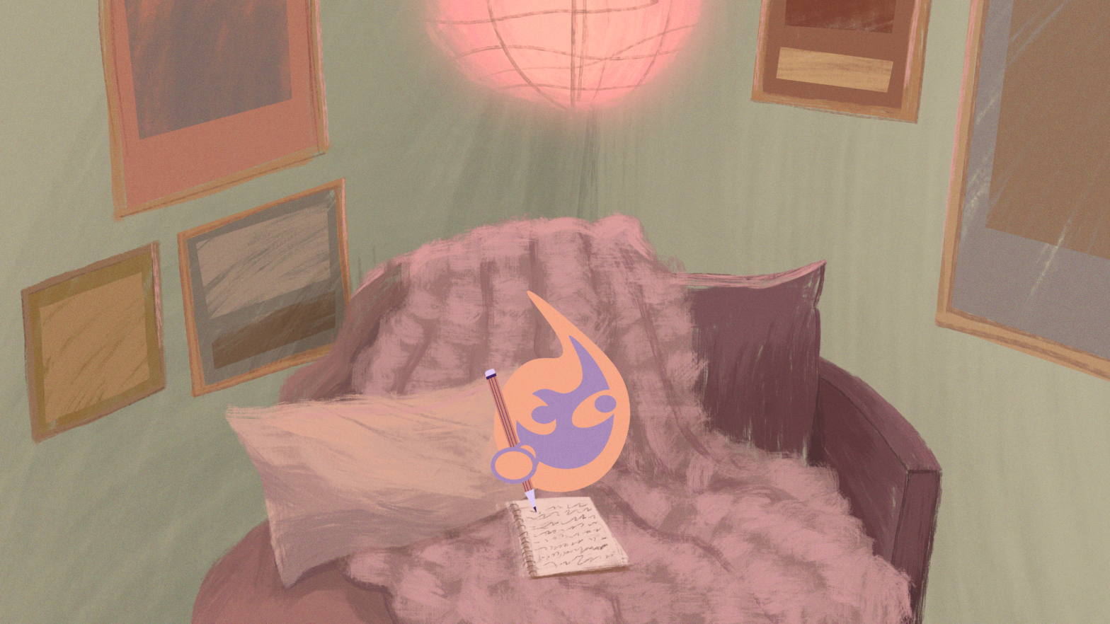 Pink and yellow GetLit spark logo writes in a notebook while sitting in a cozy chair draped in a fuzzy blanket. Pink tinted light hangs above.