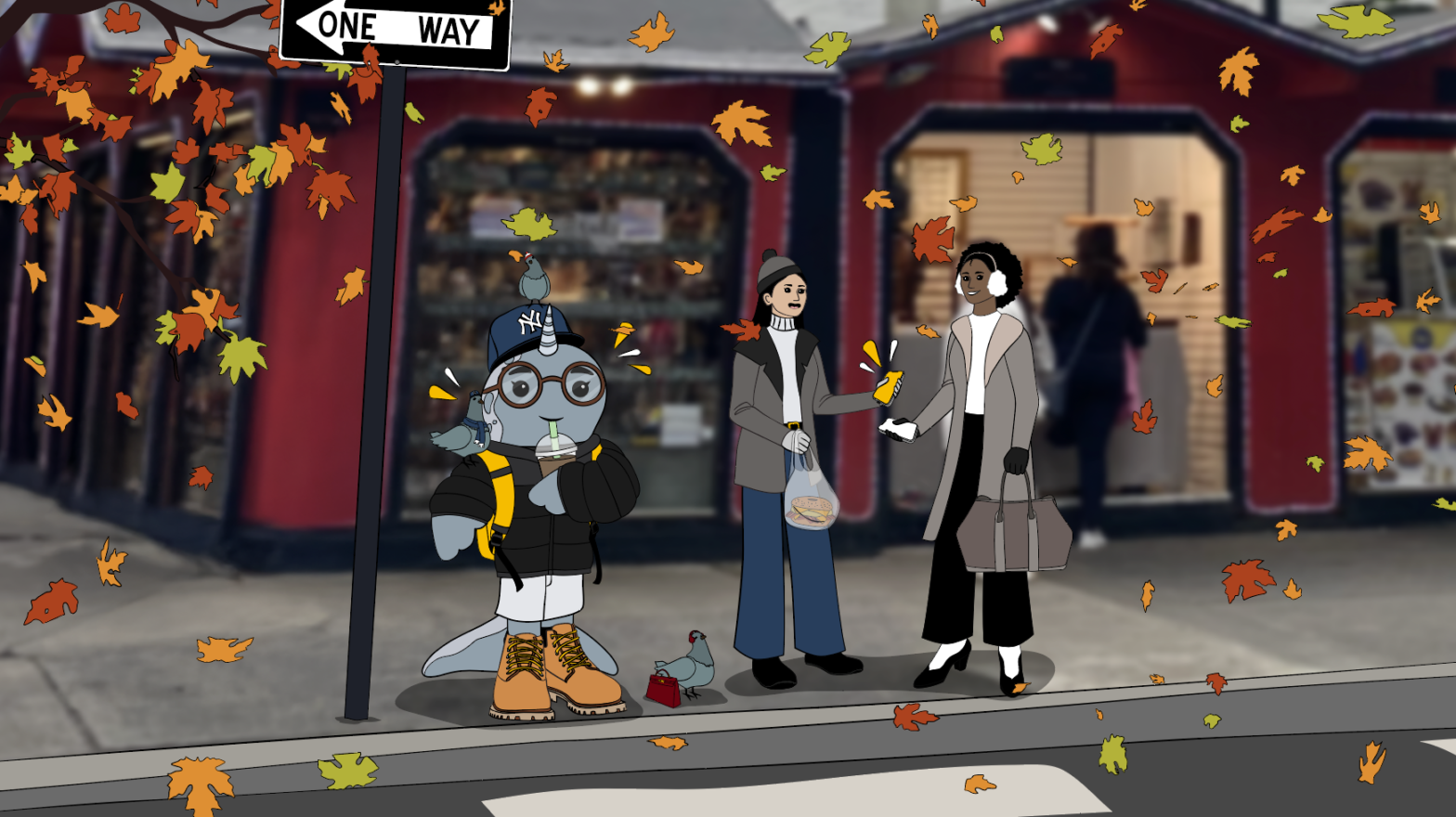 Two girls and Gnarls in front of Union Square Holiday Market with jackets and boots on, holding food, drinks, and a bag. Surrounding them is a pigeon, a one way street sign, and multicolored leaves falling down.