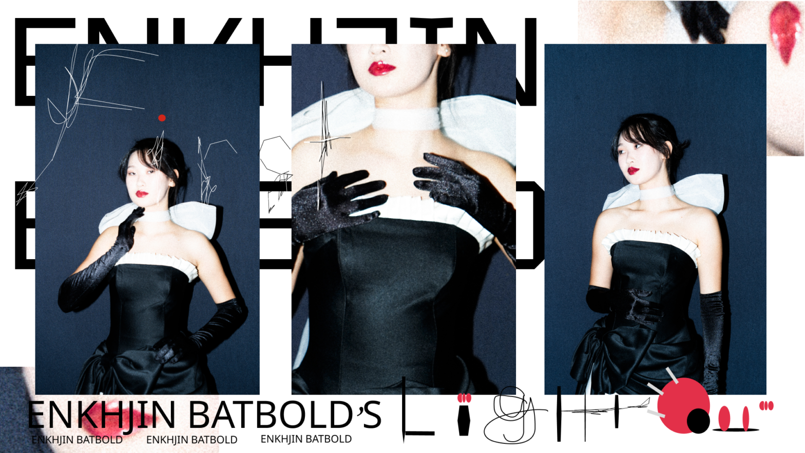 A collage illustration of Enkhjin Batbold posing against a midnight blue backdrop in her black-and-white three-piece gown donning bold red lips and a soft chignon hairstyle with various uses of typography in an editorial style spread.