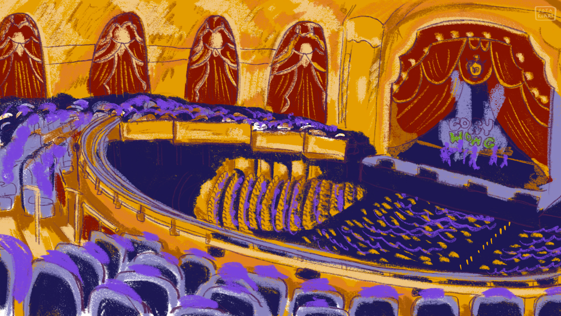 Illustration of the Kings Theatre in Flatbush, Brooklyn. Large art deco theater space with a stage area that reads Cory Wong.