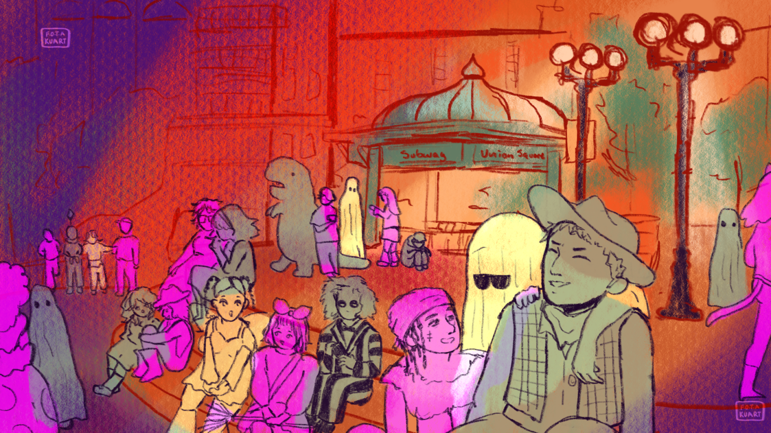 Illustration of Union Square Park in New York City at night. People are featured standing and sitting dressed in varying Halloween costumes with the subway entrance behind them.