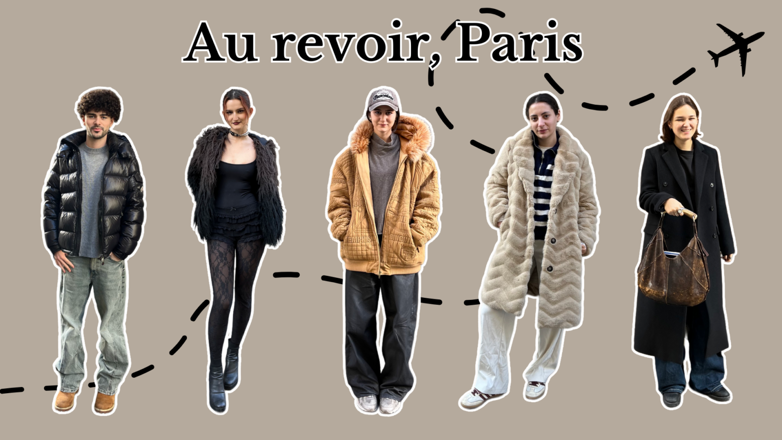 Five students are layered over a beige background with a black dotted line leading to a plane in the background. Text at the top reads, “Au revoir, Paris."