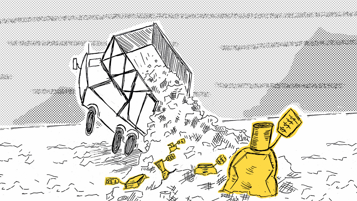 Drawing of Garbage truck dumping waste on a dusty landfill. Some of this waste includes drawings of lavishly-spent products.