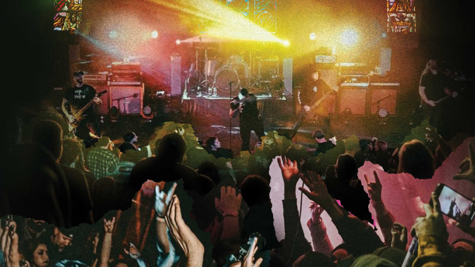 Collage of the band The Teeth playing live. In front of them is a cut-out audience, and behind them is the inside of a church.