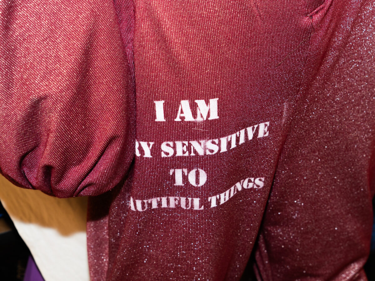 A close-up of a burgundy, glittery jumpsuit with white text that reads “I am very sensitive to beautiful things.”