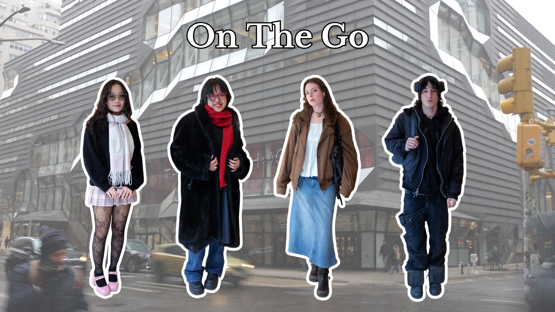 Four cutouts of students wearing various outfits stand in front of a photograph of the University Center. White text outlined in black at the top reads, “On the Go.”