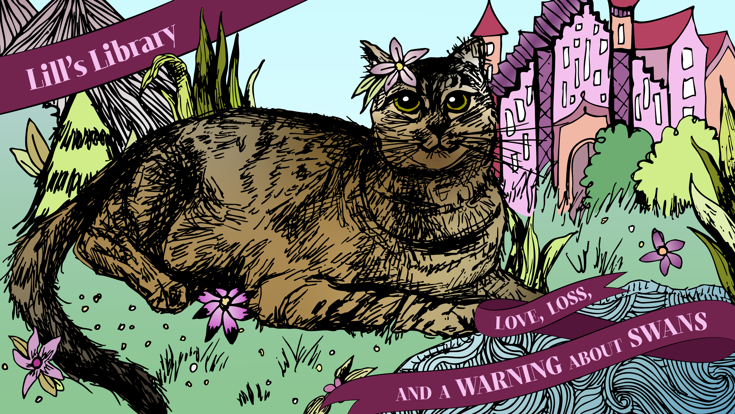 An illustration of an oversized cat sitting in grass and purple flowers with a purple flower on its right ear. In the background is a multi-colored castle on the right and a mountain and some trees on the left.