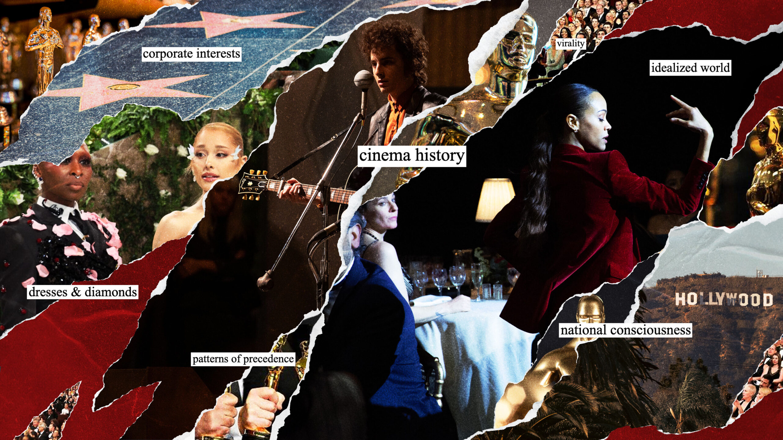 A collage-style image combining photos of Cynthia Erivo, Ariana Grande, Timothee Chalamet as Bob Dylan, the Hollywood Walk of Fame, a screencap of Emilia Perez, the Hollywood sign, and golden Oscars statues. Words overlaid the images read “corporate interests,” “cinema history,” “dresses & diamonds,” “patterns of precedence,” “virality,” and “national consciousness.”