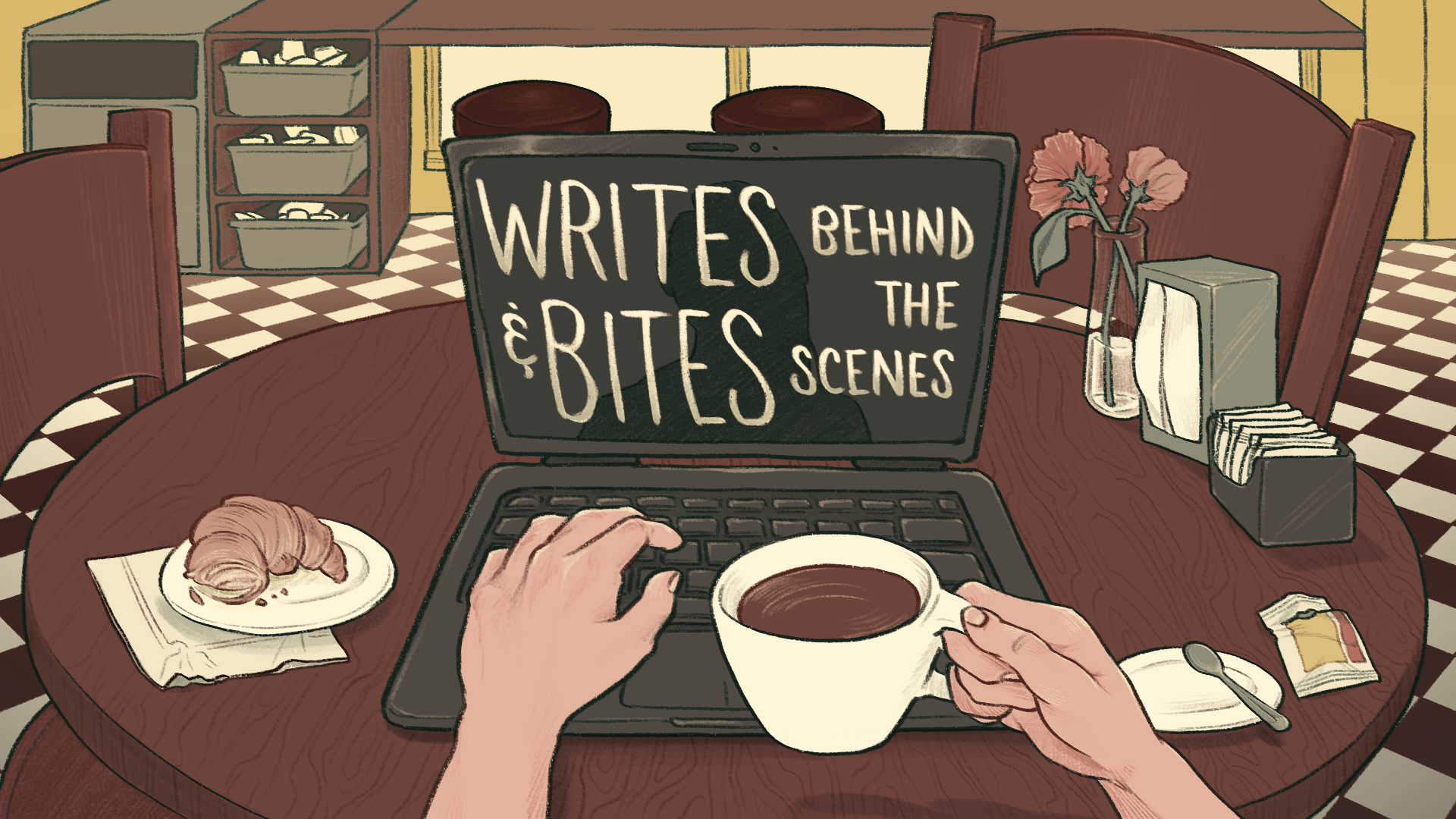 First person point of view of figure typing on a laptop and holding a coffee cup in a cafe. On the laptop, it reads, “Writes & Bites: Behind the scenes.”